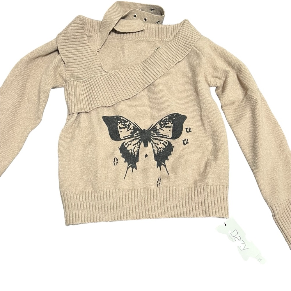 Off-the-Shoulder Tan Sweater with Butterfly Design